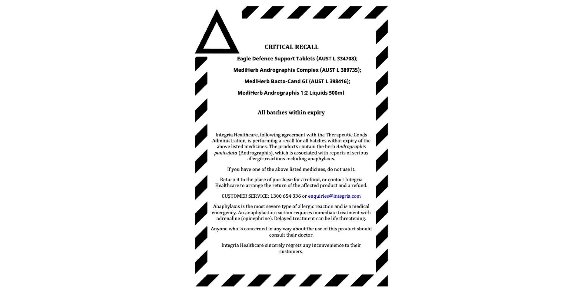 Critical recall notice by Integria Healthcare for MediHerb and Eagle Defence products containing Andrographis, warning of allergic reactions.