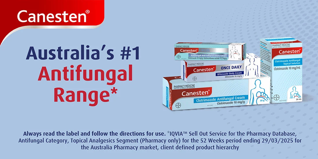 Product display of Canesten antifungal range showing multiple cream boxes and packaging against a light blue background