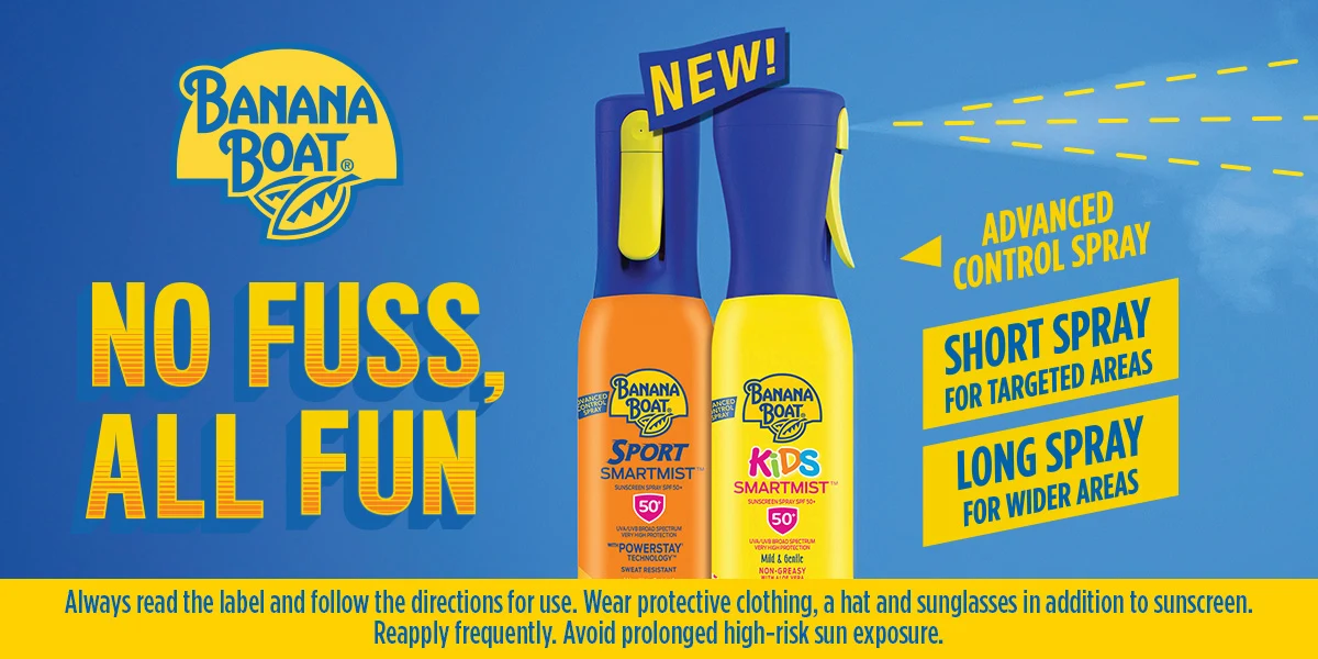 Banana Boat sunscreen advertisement showing Sport and Kids Smartmist spray bottles with spray control features on blue background