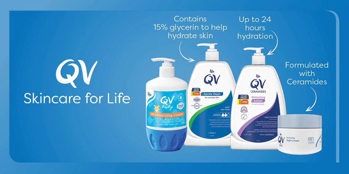Four QV products with the tagline: Care behind moisturised skin.