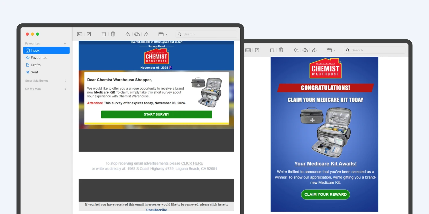 Computer mockups with examples of a 'Free medicare kit' email scam