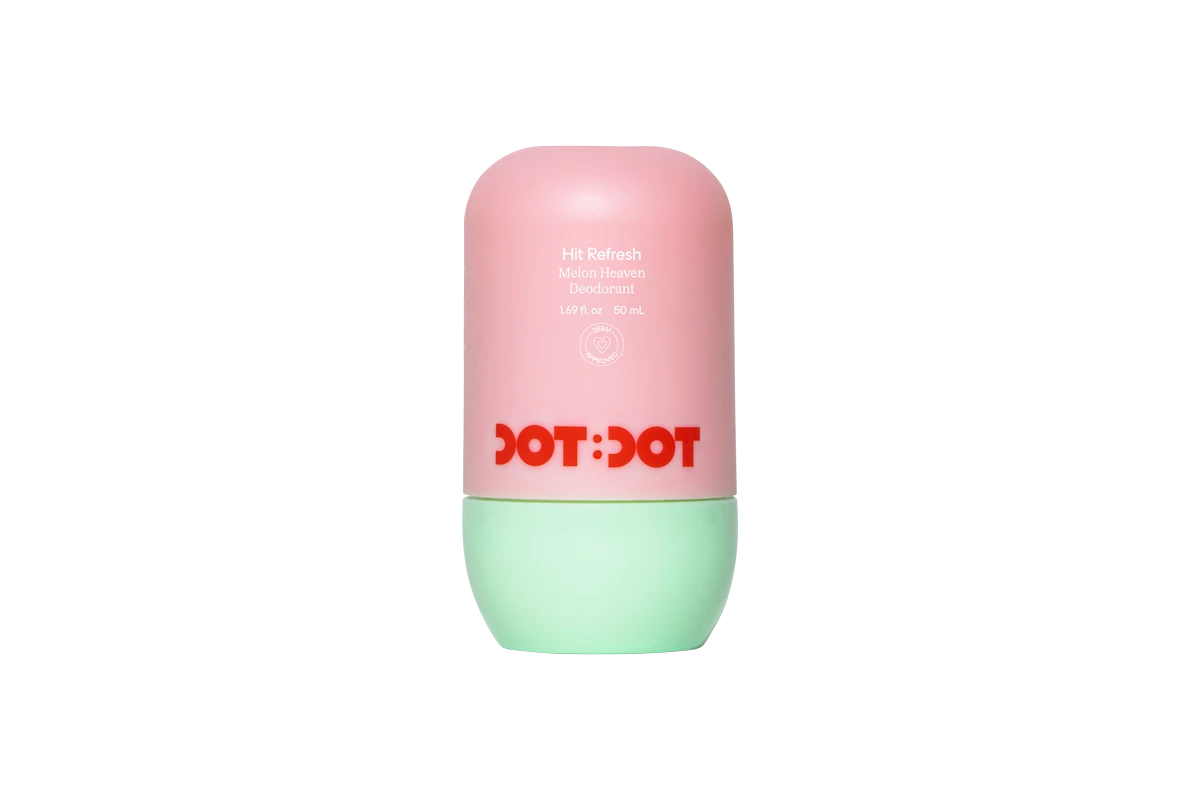Dot:Dot Hit Refresh Melon Heaven Deodorant in a pink and mint green rounded container with red logo text.