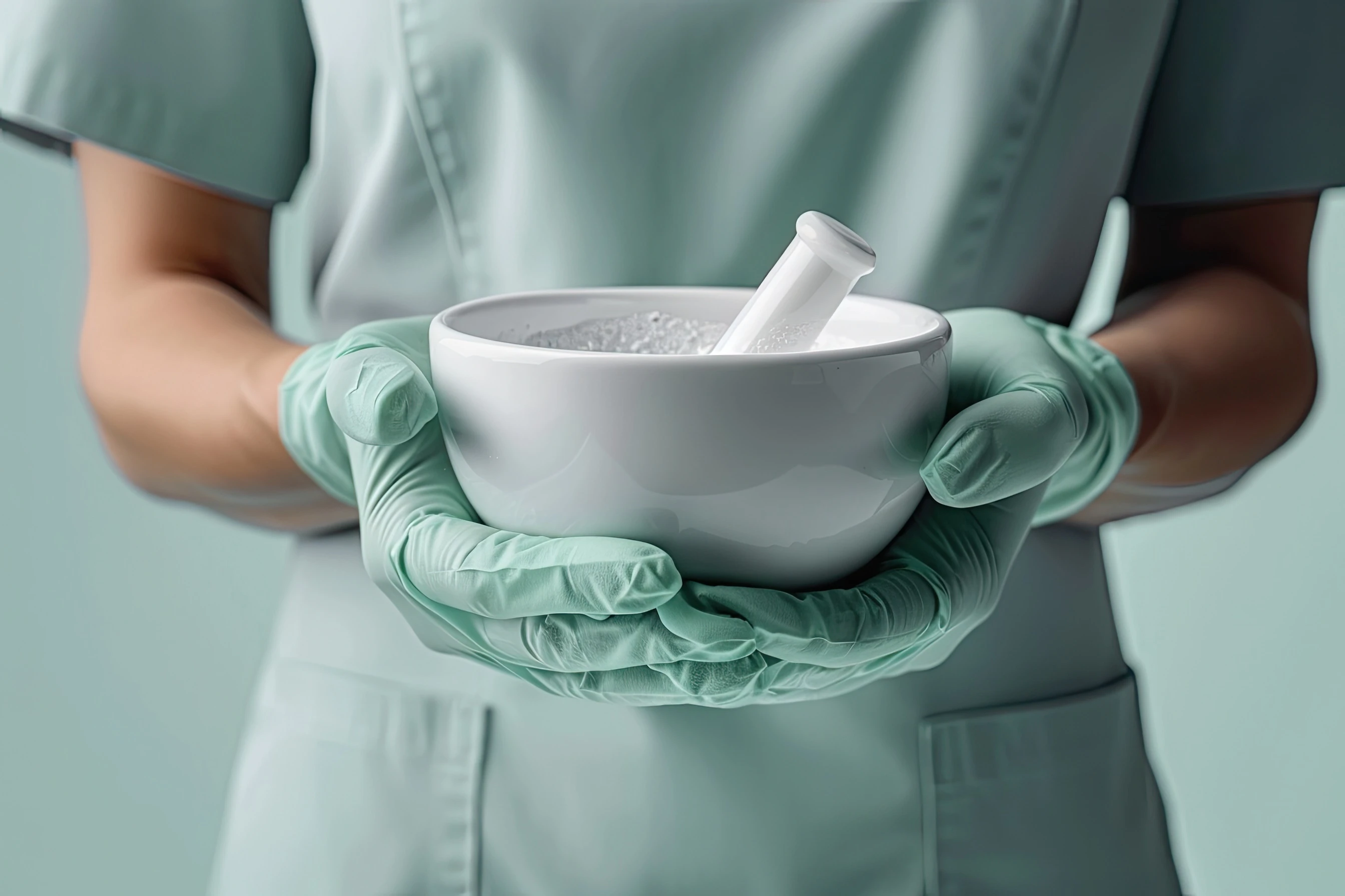 A healthcare worker in mint green scrubs and gloves holds a white ceramic mortar and pestle containing a powdered substance.