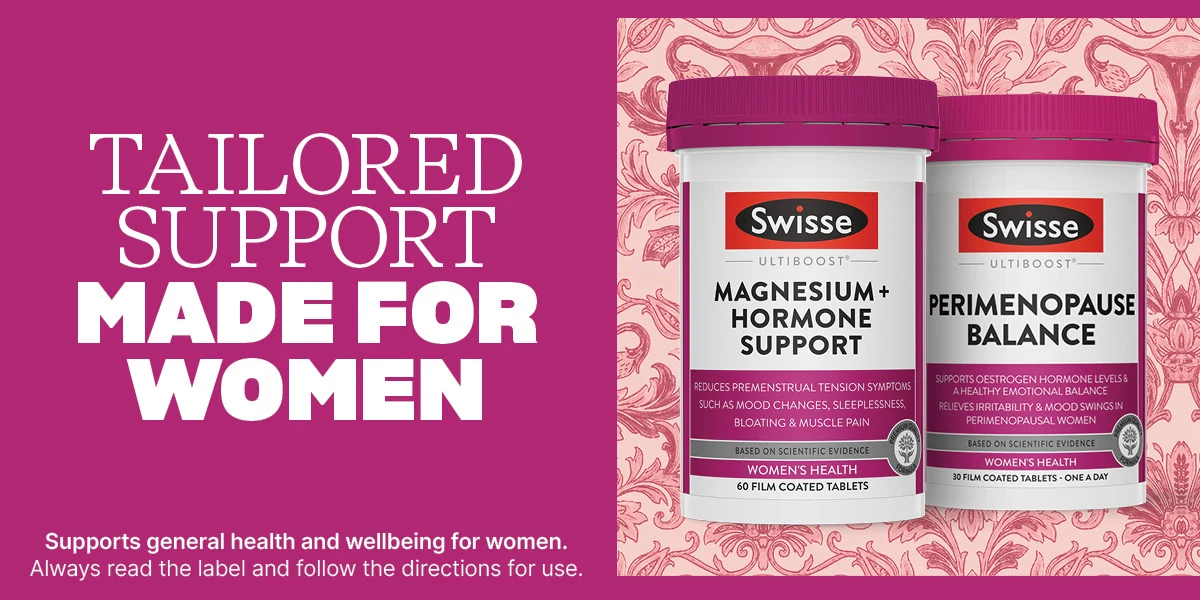 Two Swisse Ultiboost supplement bottles for women: Magnesium Hormone Support and Perimenopause Balance, on a pink background.