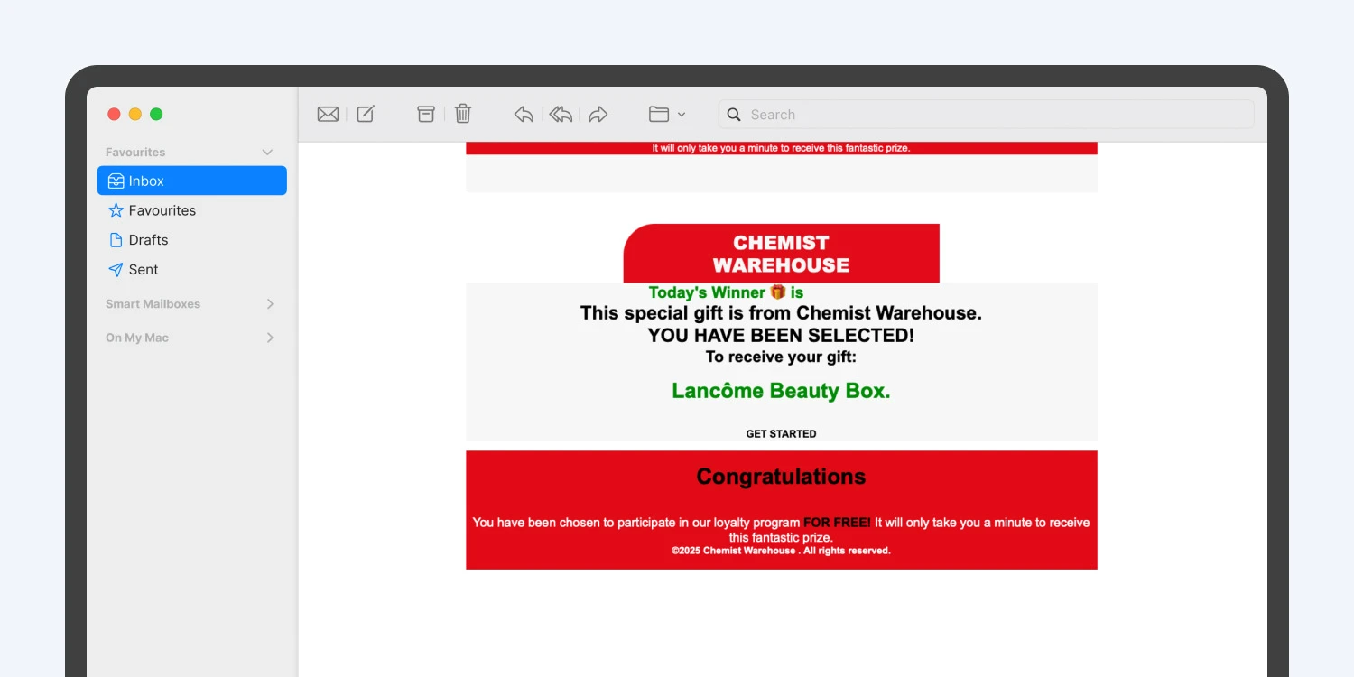 Example of a scam email impersonating Chemist Warehouse