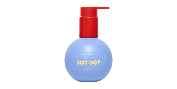A round light blue pump bottle with a red pump top, labeled DOT-DOT in yellow text on a white background.