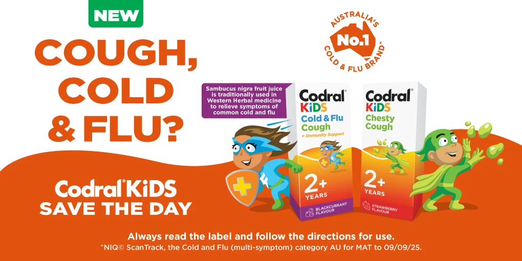  Codral cold and flu range with orange background, featuring Day & Night, Dry Cough, and Cold & Cough variants.