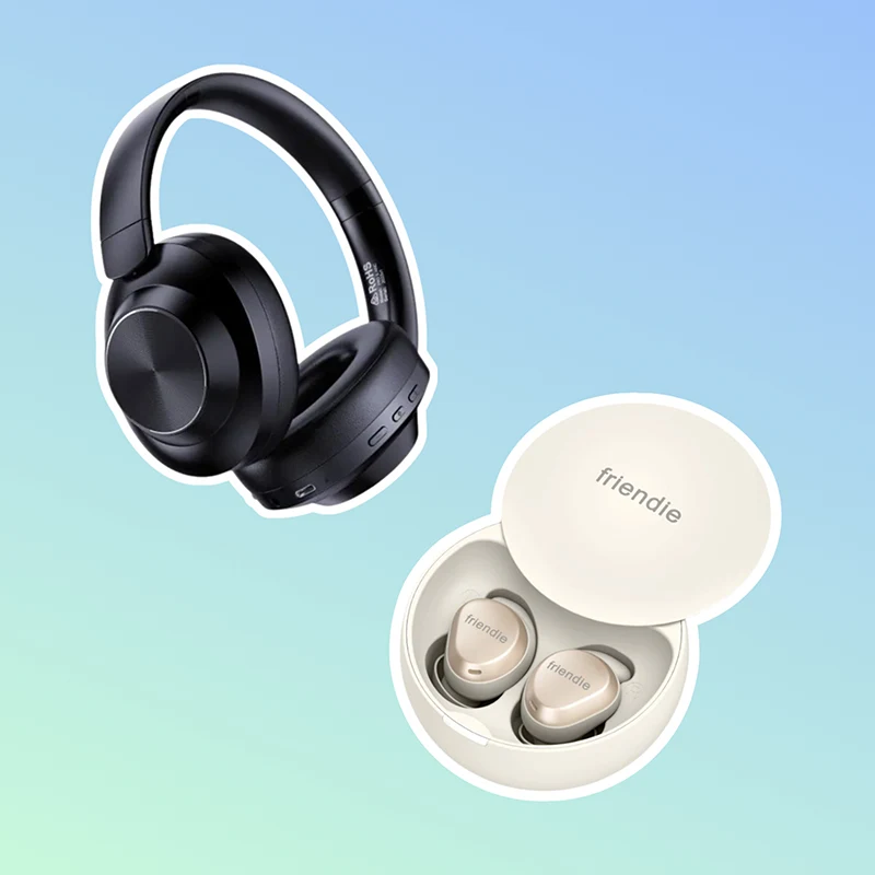 Black over-ear wireless headphones and white circular case containing beige wireless earbuds against blue-green gradient background.