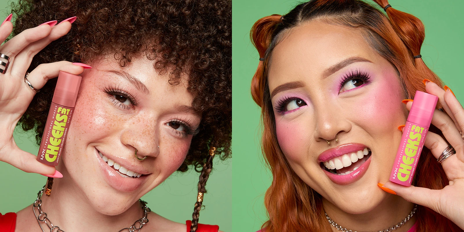 Close-up beauty shot with pink lipstick tubes arranged across face, curly hair, bright makeup, and green background