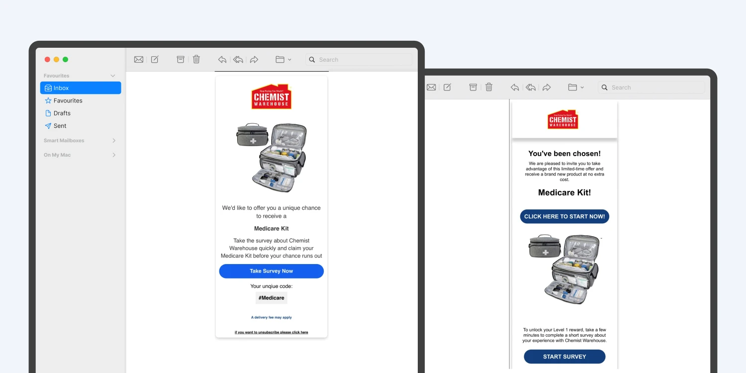 Computer mockups with examples of a 'Free medicare kit' email scam
