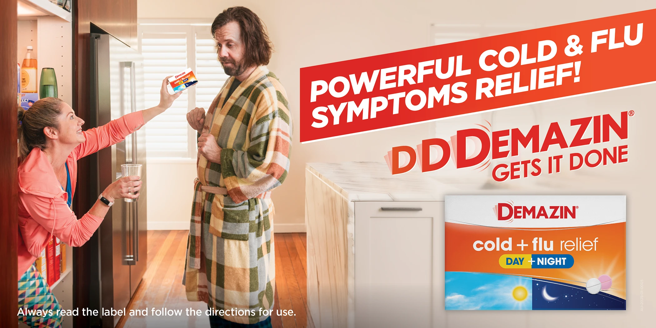 Two people in coral shirts dancing joyfully in a garden setting with Demazin allergy relief product and promotional text overlay