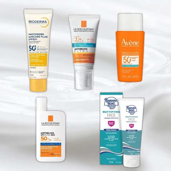 Five SPF 50+ sunscreen products displayed on a white background, including Bioderma, La Roche-Posay, Avène, and Banana Boat brands.