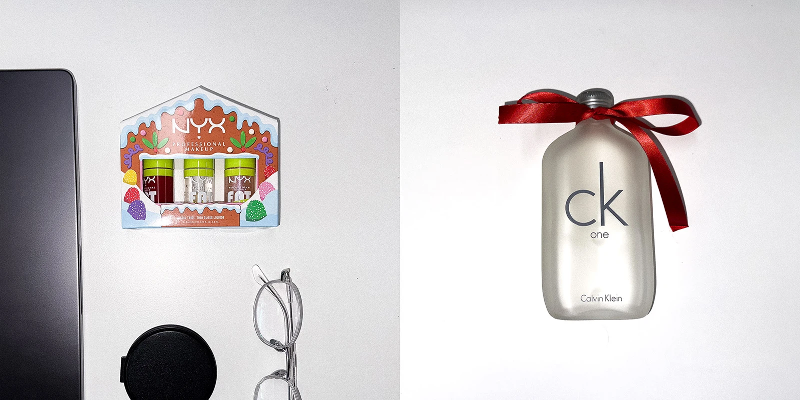 Calvin Klein CK One perfume bottle with red ribbon and NYX Professional Makeup gift set featuring colorful holiday packaging