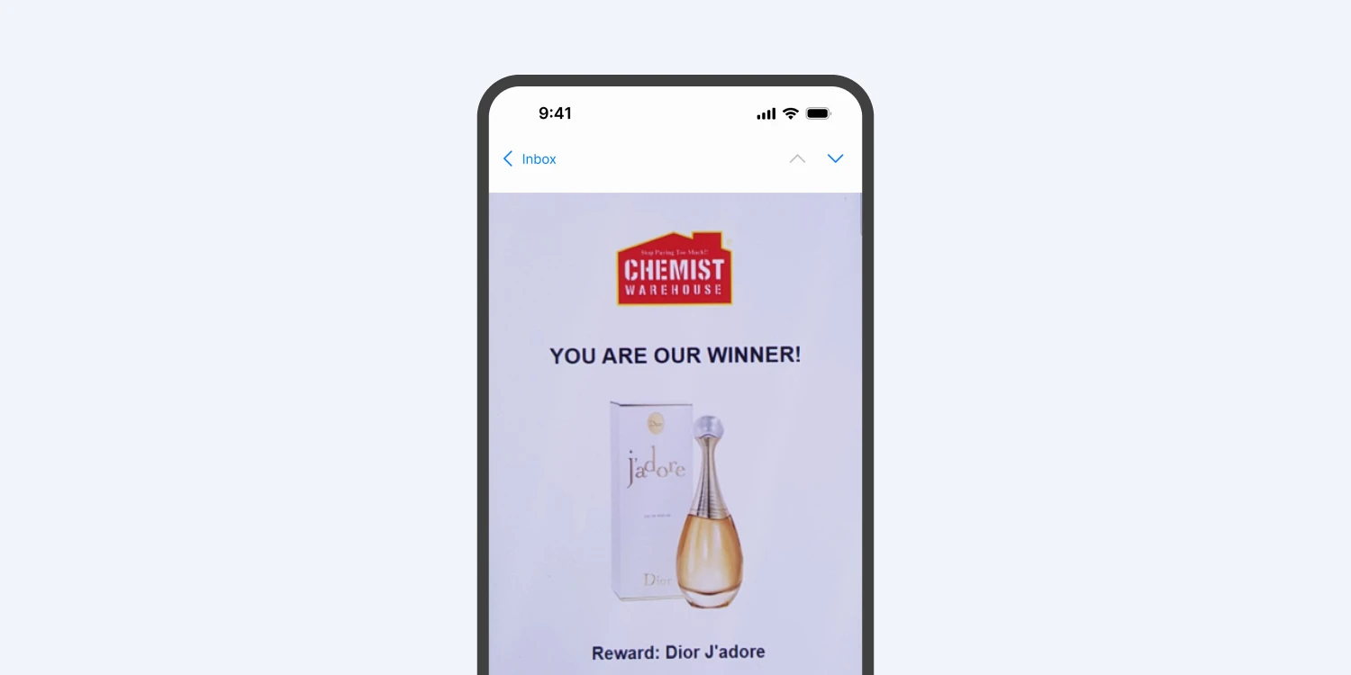 A phone mockup with an example of the email scam