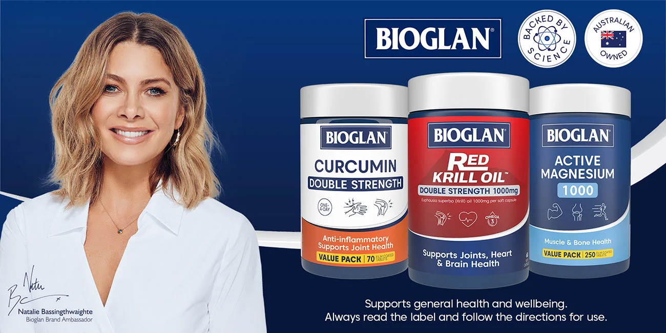Bioglan Red krill oil, Curcumin double strength and active magnesium. Supports general health and wellbeing. Always read the label and follow the directions for use. 