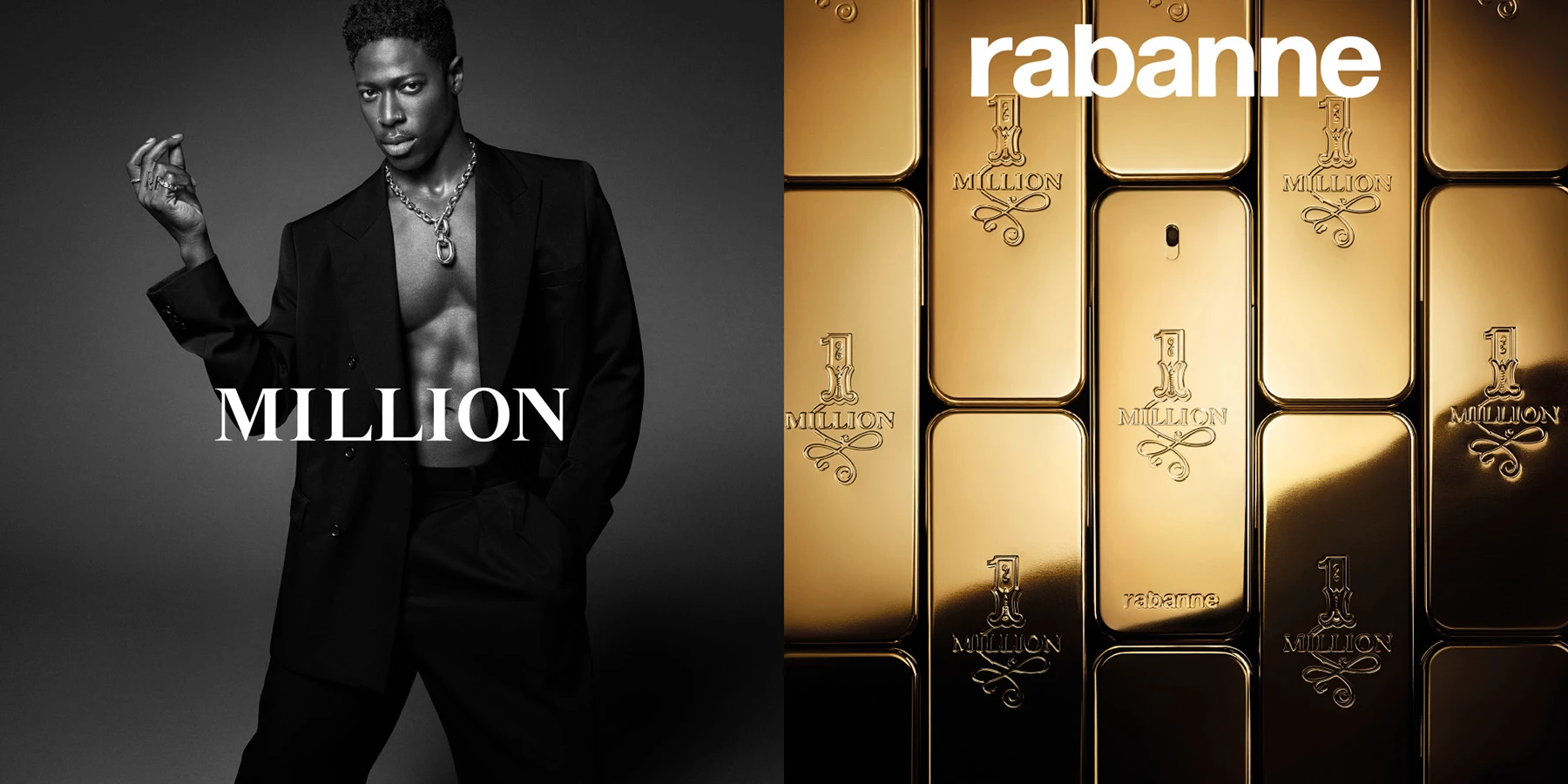Fashion advertisement showing model in black outfit against dark background, with golden Paco Rabanne Million perfume bottles displayed