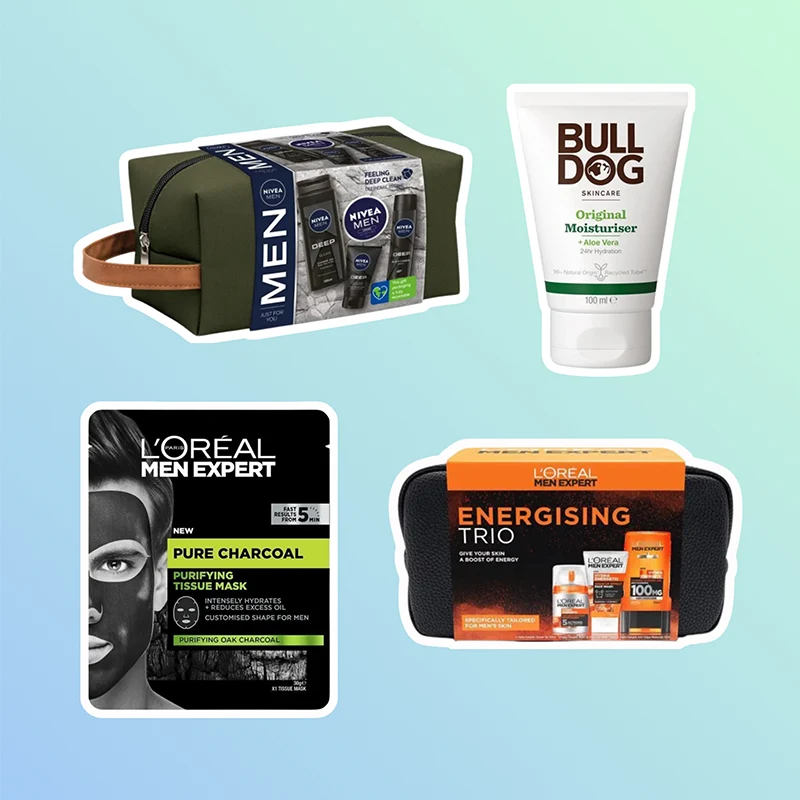 Collection of men's skincare products including Nivea gift set, Bulldog moisturizer, and L'Oreal face masks and energizing kit on blue background.