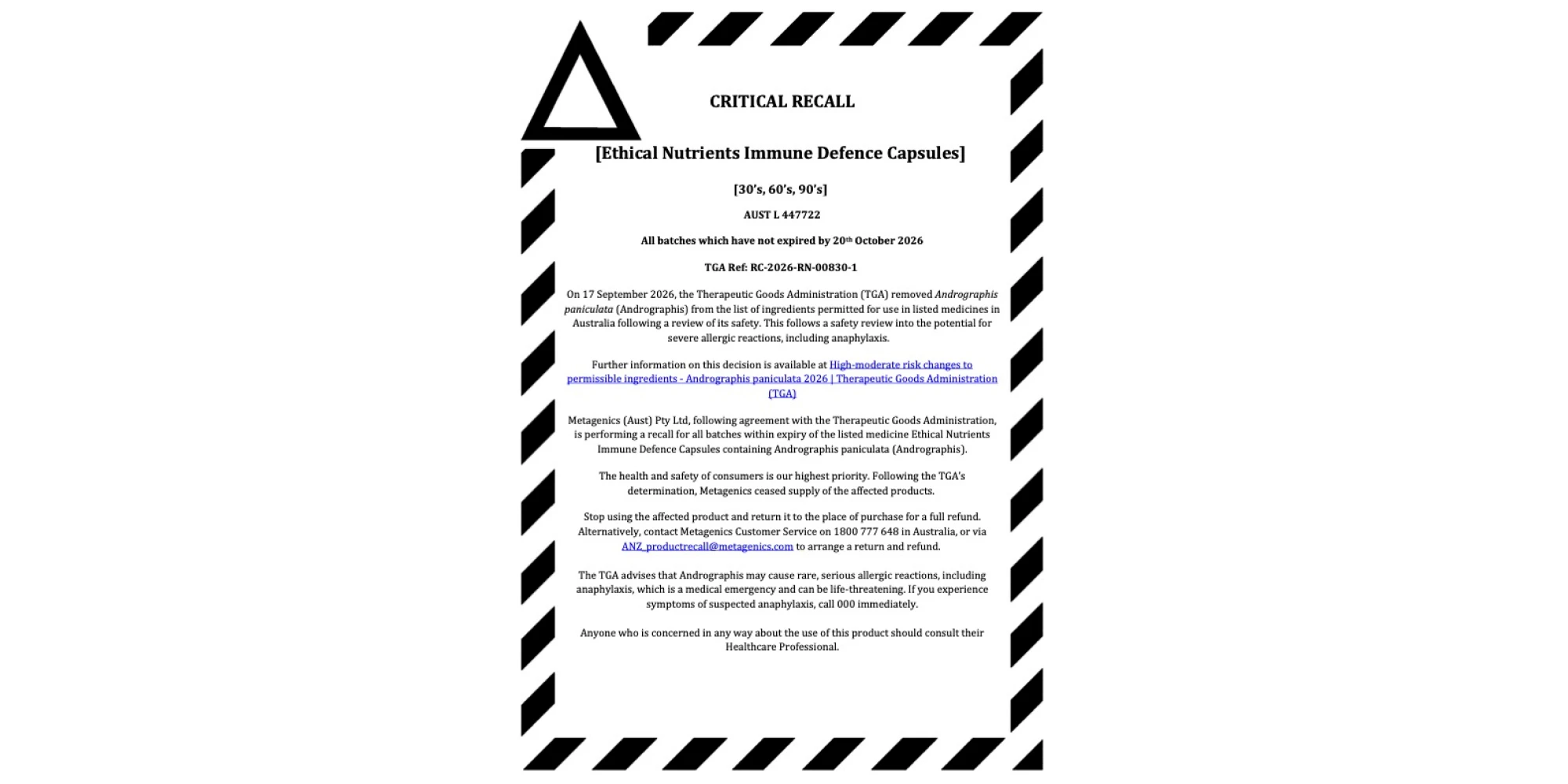 Critical recall notice for Ethical Nutrients Immune Defence Capsules, bordered by black and white hazard stripes with a warning triangle.