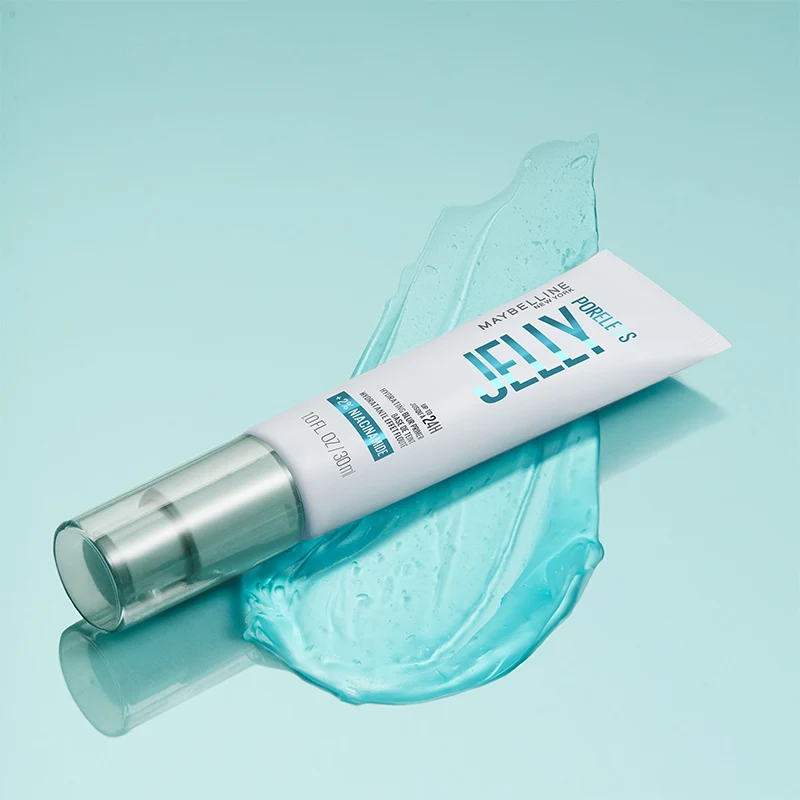 Maybelline Jelly Pure S skincare tube with translucent blue gel texture smear on light turquoise background.