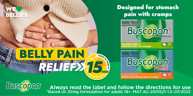 Person holding stomach in pain next to Buscopan medicine boxes showing 15-minute belly pain relief claim