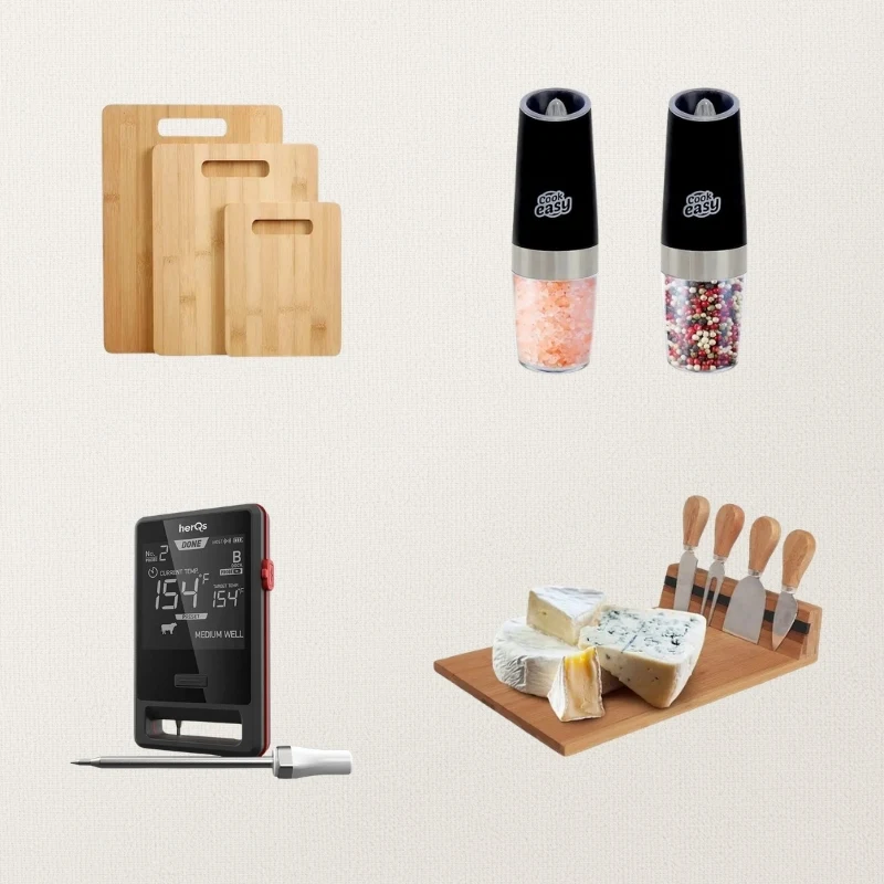 Four kitchen items: bamboo cutting boards, electric salt and pepper grinders, a meat thermometer, and a cheese board with knives.