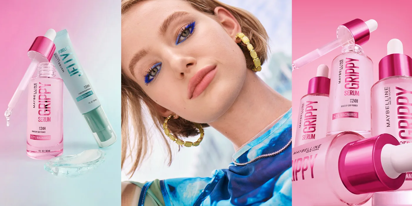 Beauty advertisement showing skincare products with pink and mint serums alongside model wearing blue eye makeup against urban backdrop.