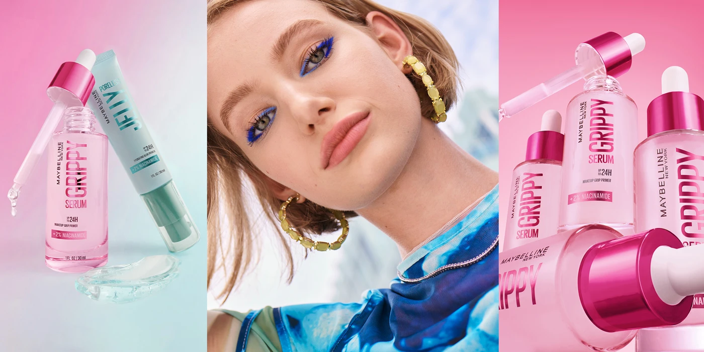 Beauty advertisement showing skincare products with pink and mint serums alongside model wearing blue eye makeup against urban backdrop.