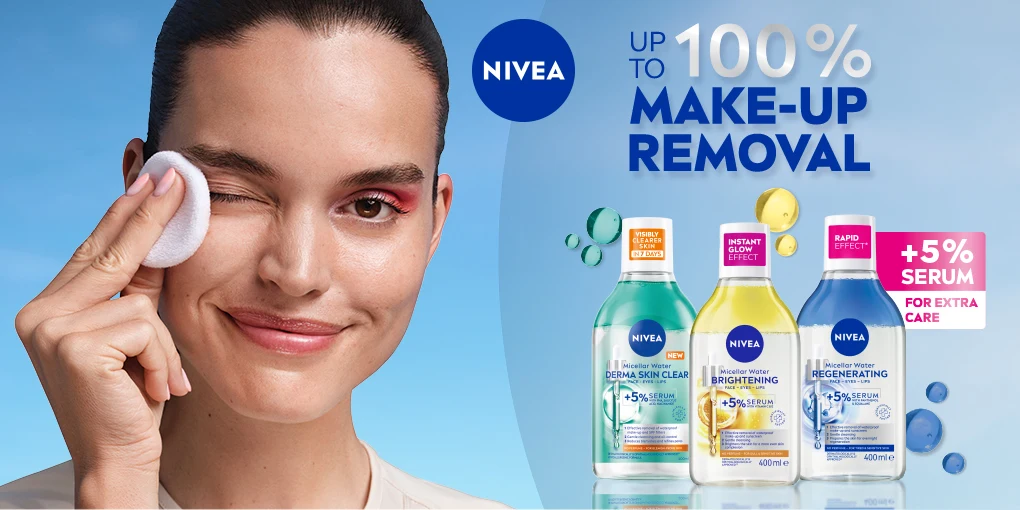 Smiling people in summer attire with straw hat next to Nivea Sun SPF50+ sunscreen bottle against blue background