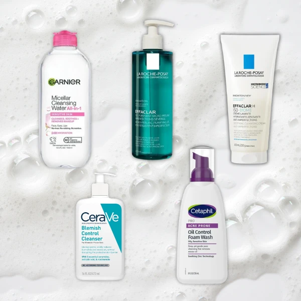 Five skincare cleansers on a foamy background: Garnier Micellar Water, La Roche-Posay Effaclar gel, CeraVe Blemish Cleanser, Cetaphil Foam Wash, and La Roche-Posay Effaclar H.