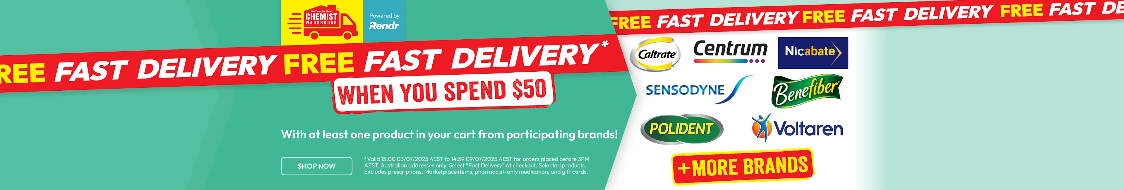 Free fast delivery when you spend $50 with at least one product in your cart from participating brands