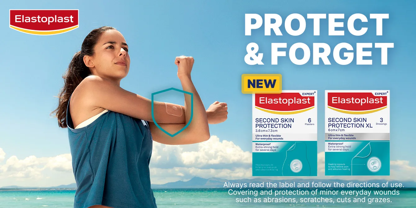 Athletic woman  with Elastoplast Second Skin bandages shown, demonstrating waterproof wound protection for active lifestyles.