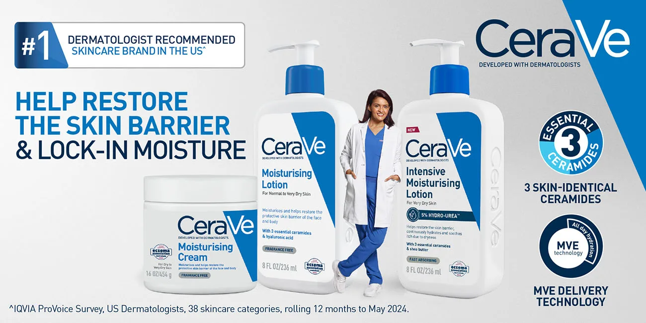 Helps restore the skin barrier and lock-in moisture. 3 skin-identical ceramides. MVE delivery technology.