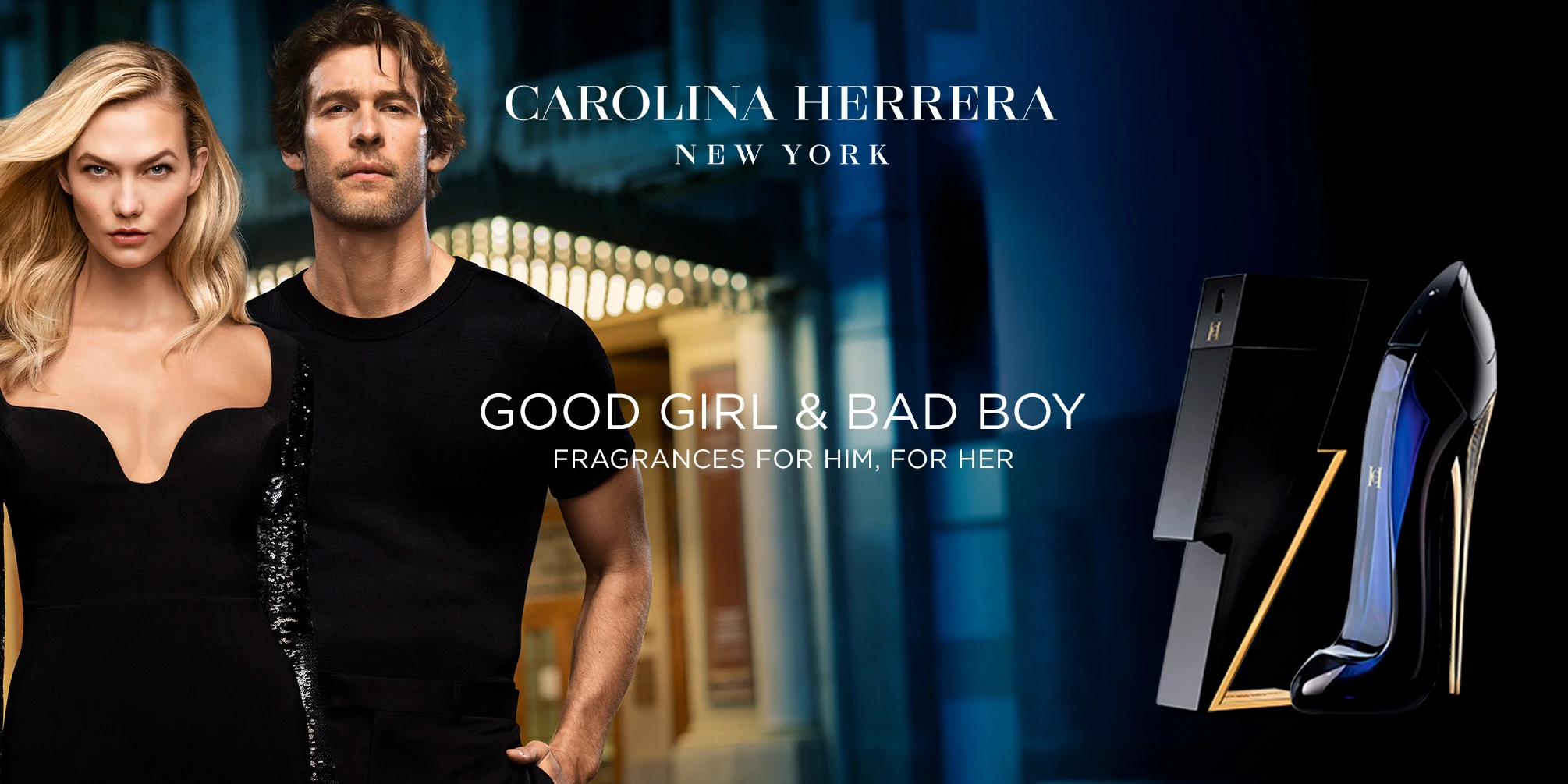 Fashion advertisement showing models in black clothing against dark urban backdrop for Carolina Herrera Good Girl & Bad Boy fragrances