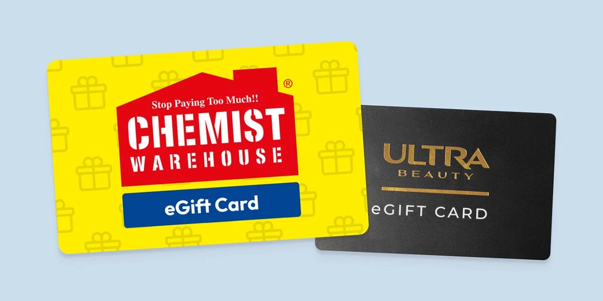 Chemist Warehouse & Ultra Beauty eGift Cards surrounded by fairy lights
