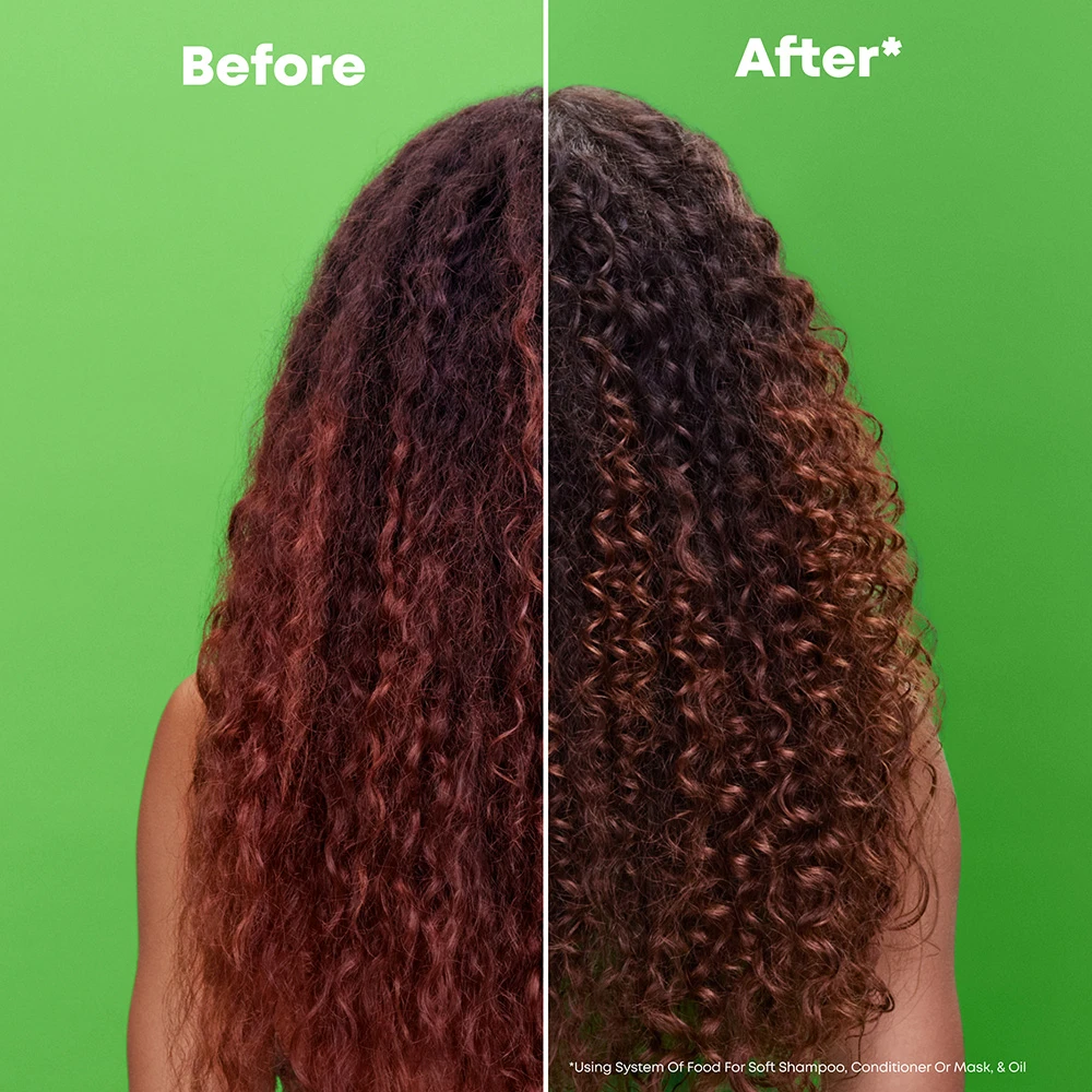 Before and after comparison showing long curly hair transformation, with improved definition and shine against green background