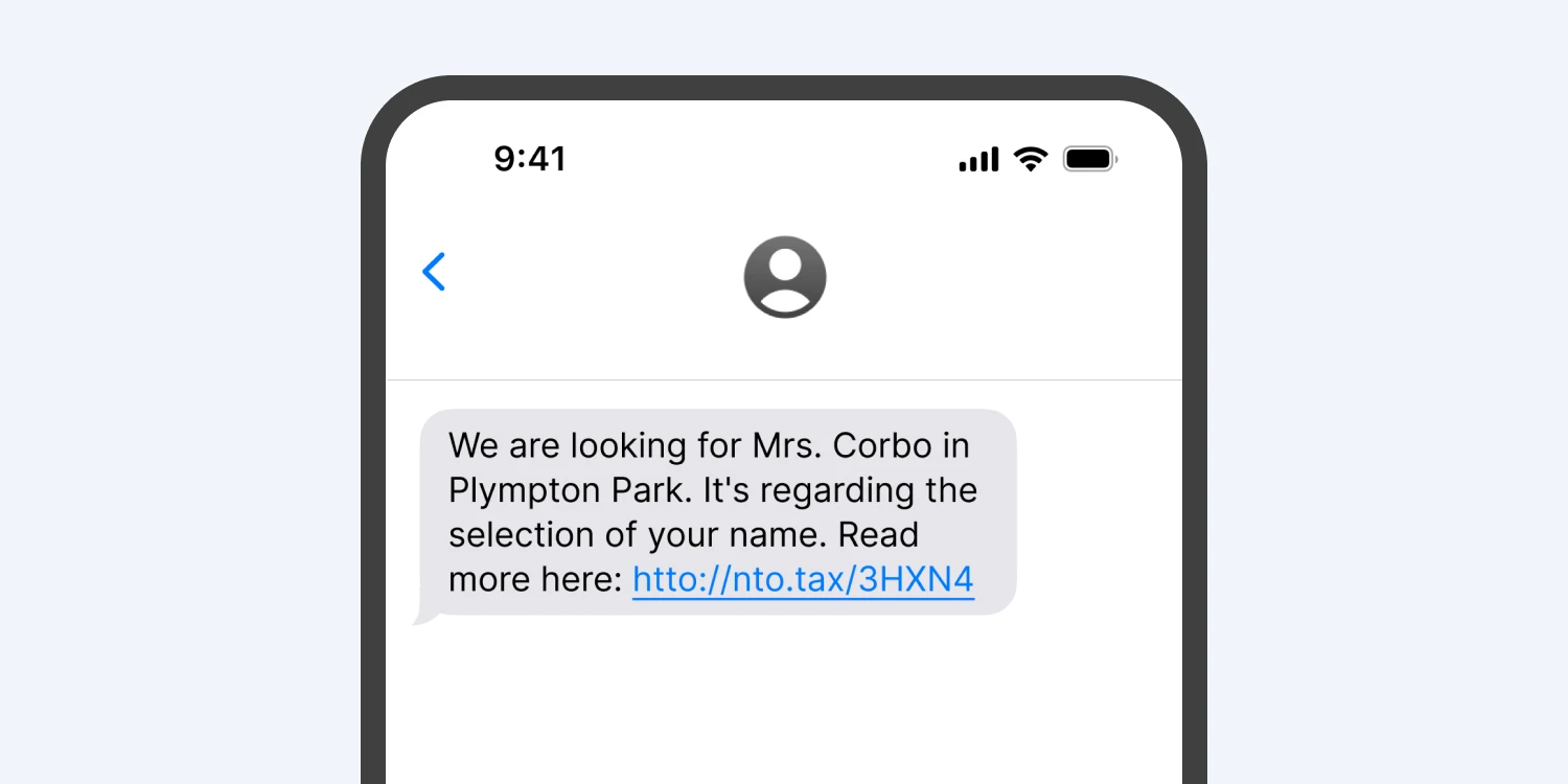 A phone mockup with an example of the SMS scam