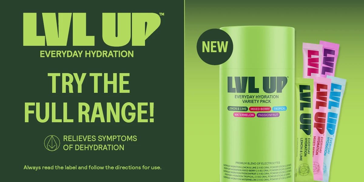 LVL Up everyday hydration. Relieve symptoms of dehydration. Support electrolyte balance. Support energy levels. Always read the label and follow the directions for use. 