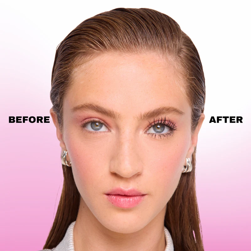 Before and after mascara comparison on a woman's eyes, showing natural lashes versus voluminous, defined lashes after application.