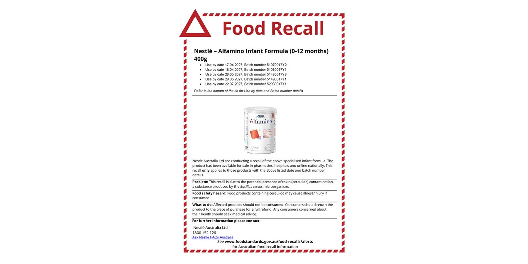 Product recall notice for Nestle Alfamino Infant Formula 400g posted on 08/01/2026