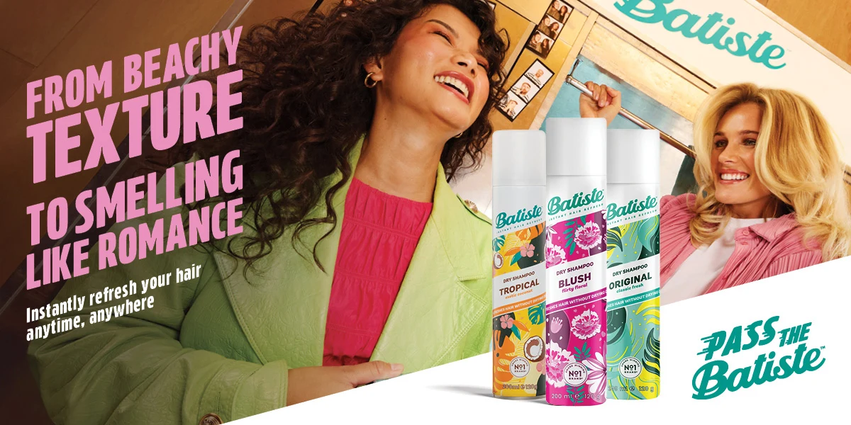 Advertisement for Batiste Gentle Dry Shampoo showing product bottle and dermatologically tested seal on pink background