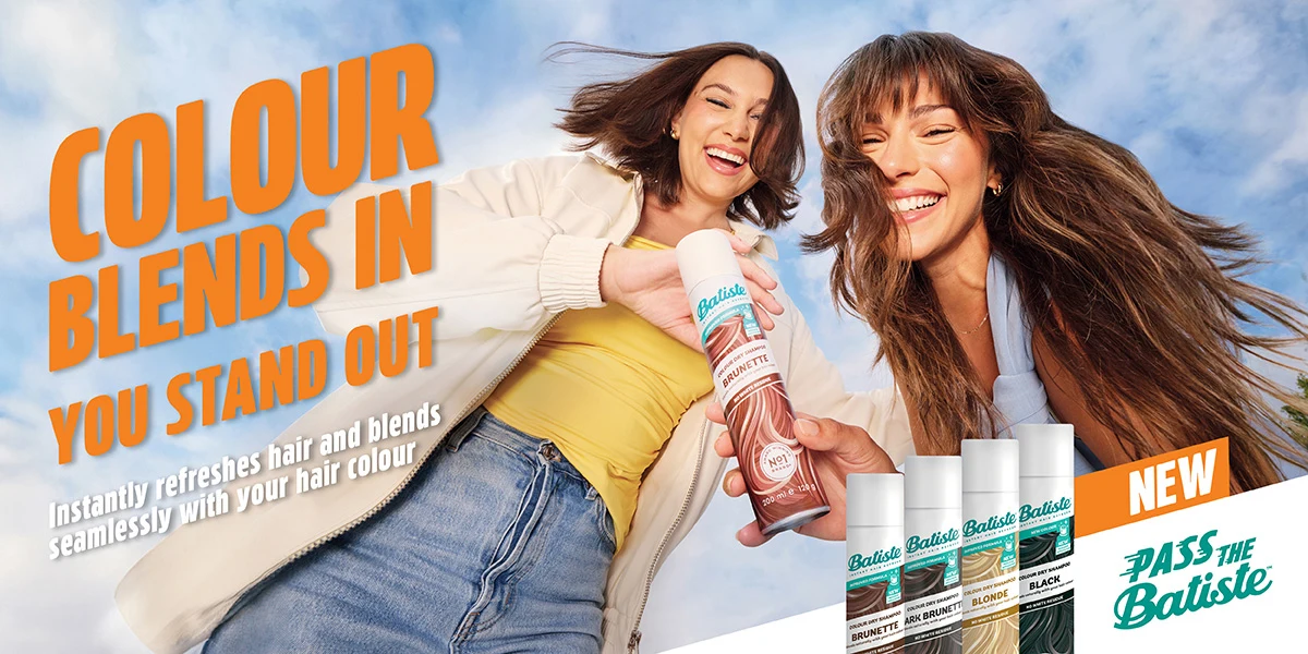 Advertisement for Batiste Gentle Dry Shampoo showing product bottle and dermatologically tested seal on pink background