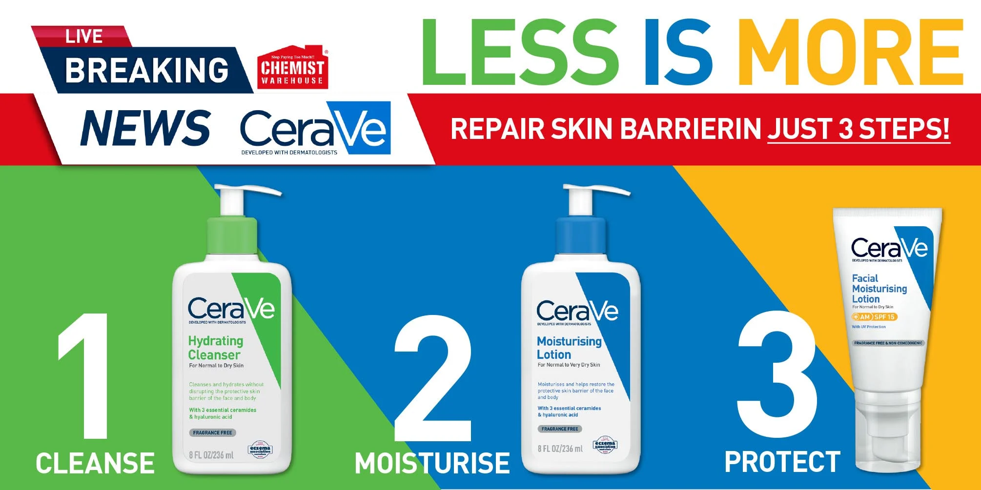 Less is more. 1 - Cleanse.  2 - Moisturise. 3 - Protect.