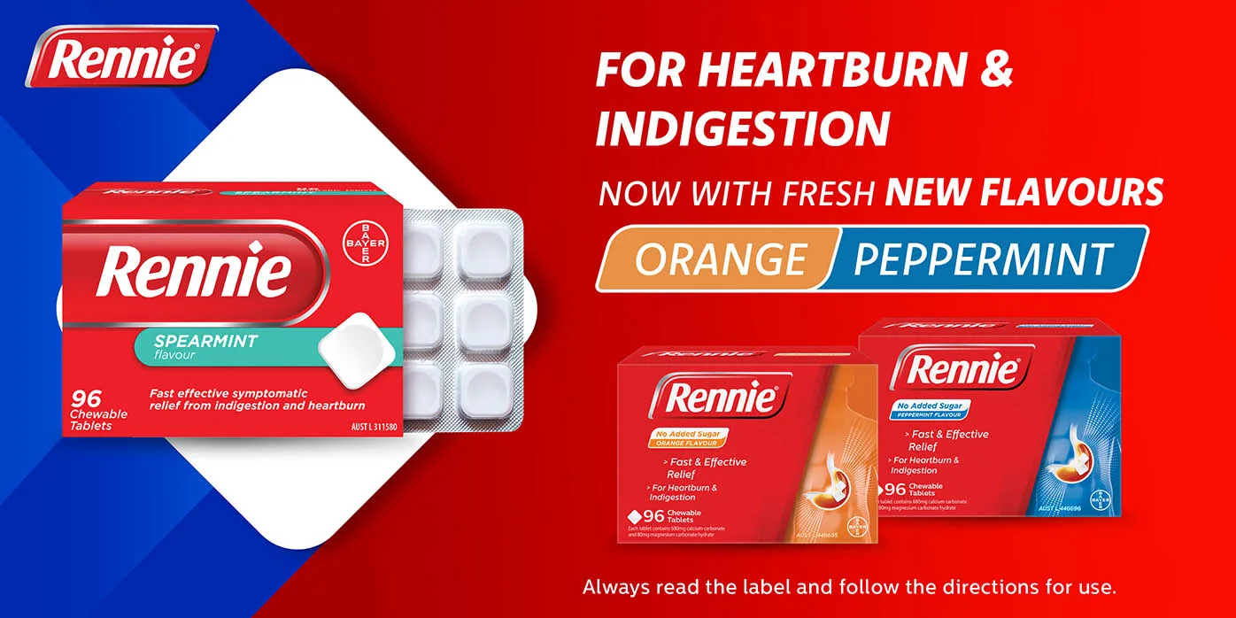 Rennie Spearmint tablets pack and blister strip shown on red and blue background with text about heartburn relief. Have the Rennie ready for heart burn and indigestion