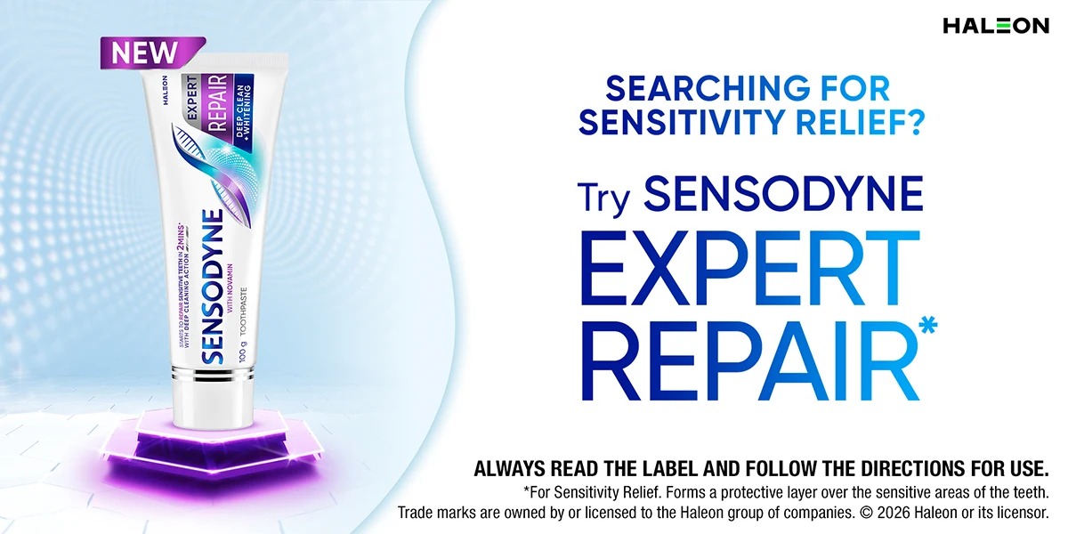 Sensodyne whitening toothpaste product image with blue circular design elements and text about sensitivity relief and repair