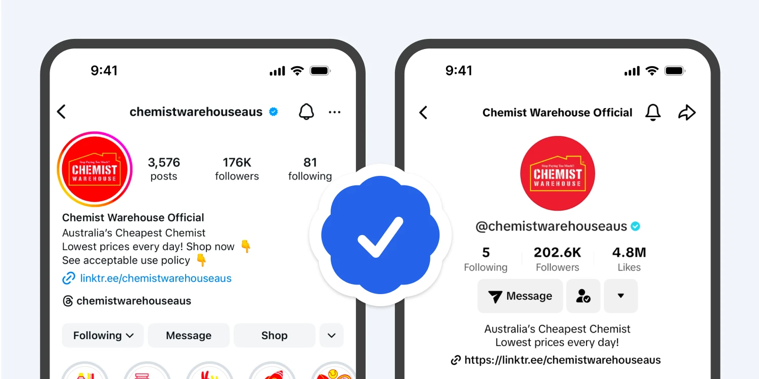 Instagram and TikTok screenshots of verified Chemist Warehouse social media accounts.