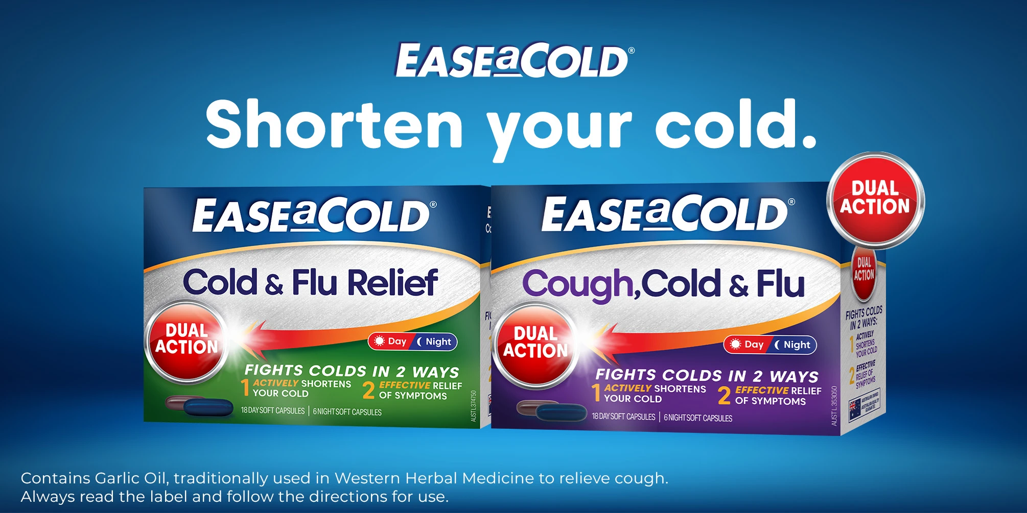 Two boxes of Ease a Cold medicine products showing Cold & Flu Relief and Cough, Cold & Flu formulas with dual action day/night capsules