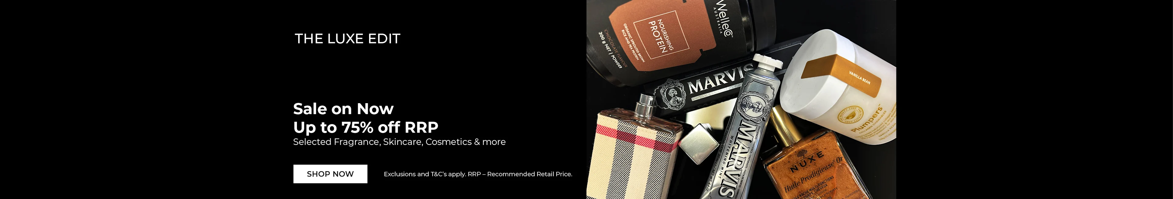 Luxury beauty products arranged diagonally with promotional text advertising The Luxe Edit sale offering up to 75% off retail prices