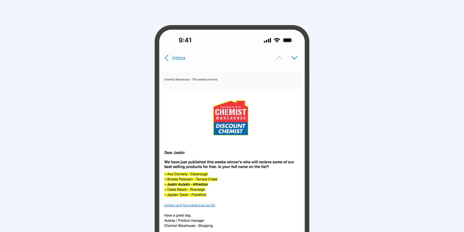 A phone mockup with an example of the email scam