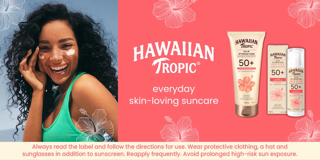 Hawaiian Tropic® everyday skin-loving suncare. Always read the label and follow the directions for use. Wear protective clothing, a hat and sunglasses in addition to sunscreen. Reapply frequently. Avoid prolonged high-risk sun exposure.