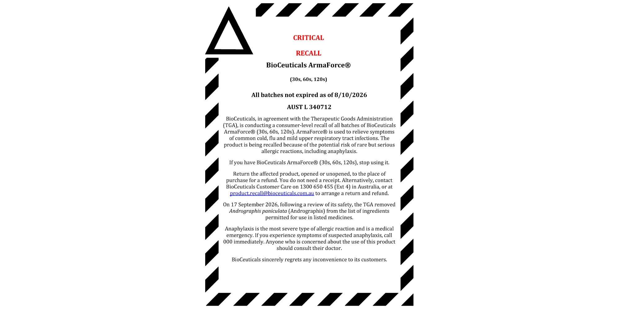 Product recall: BioCeuticals Armaforce (30s, 60s, 120s)